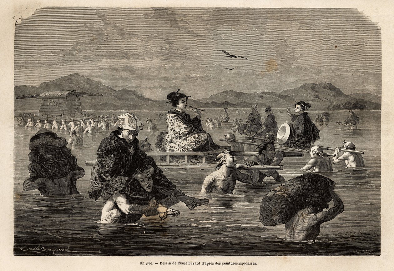 Die Passage eines Fährmanns, mit Darstellung der Methoden zum Transport von Passagieren und Gepäck. Gravur zur Illustration der Reise nach Japan, in den Jahren 1863-1864, von Aime Humbert, Minister der Schweizerischen Eidgenossenschaft, in „Le tour du mond von Unknown artist
