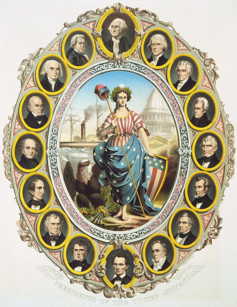 Die Präsidenten der Vereinigten Staaten mit dem Symbol Amerikas in der Mitte. Oben Washington und unten Abraham Lincoln. Plakat veröffentlicht zur Amtseinführung von Lincoln 1861. Gravur 1861 von Unknown artist
