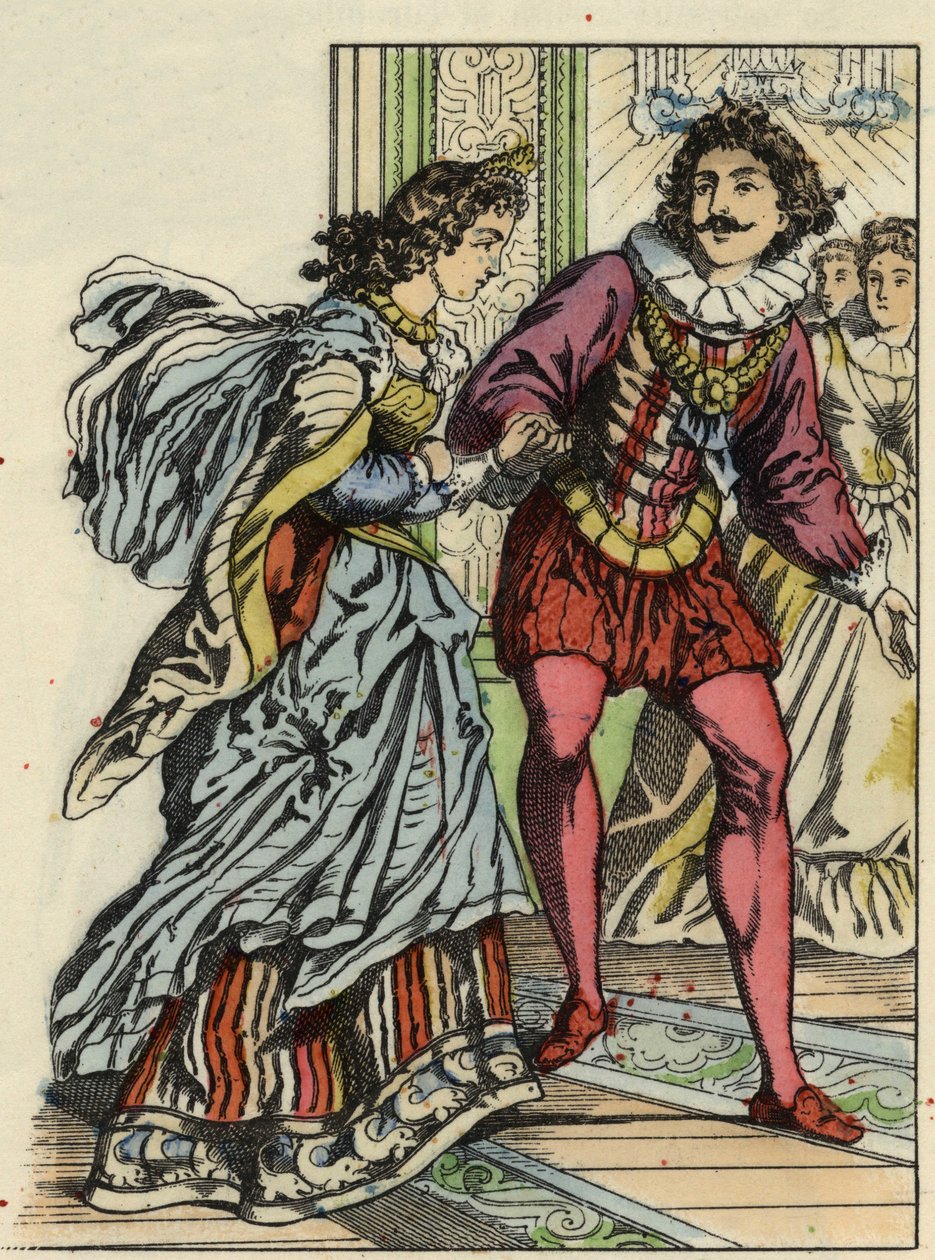 Der Prinz lädt Aschenputtel zum Tanz ein. Illustration zu Charles Perraults Märchen „Aschenputtel oder Der kleine Glasschuh“ von Unknown artist