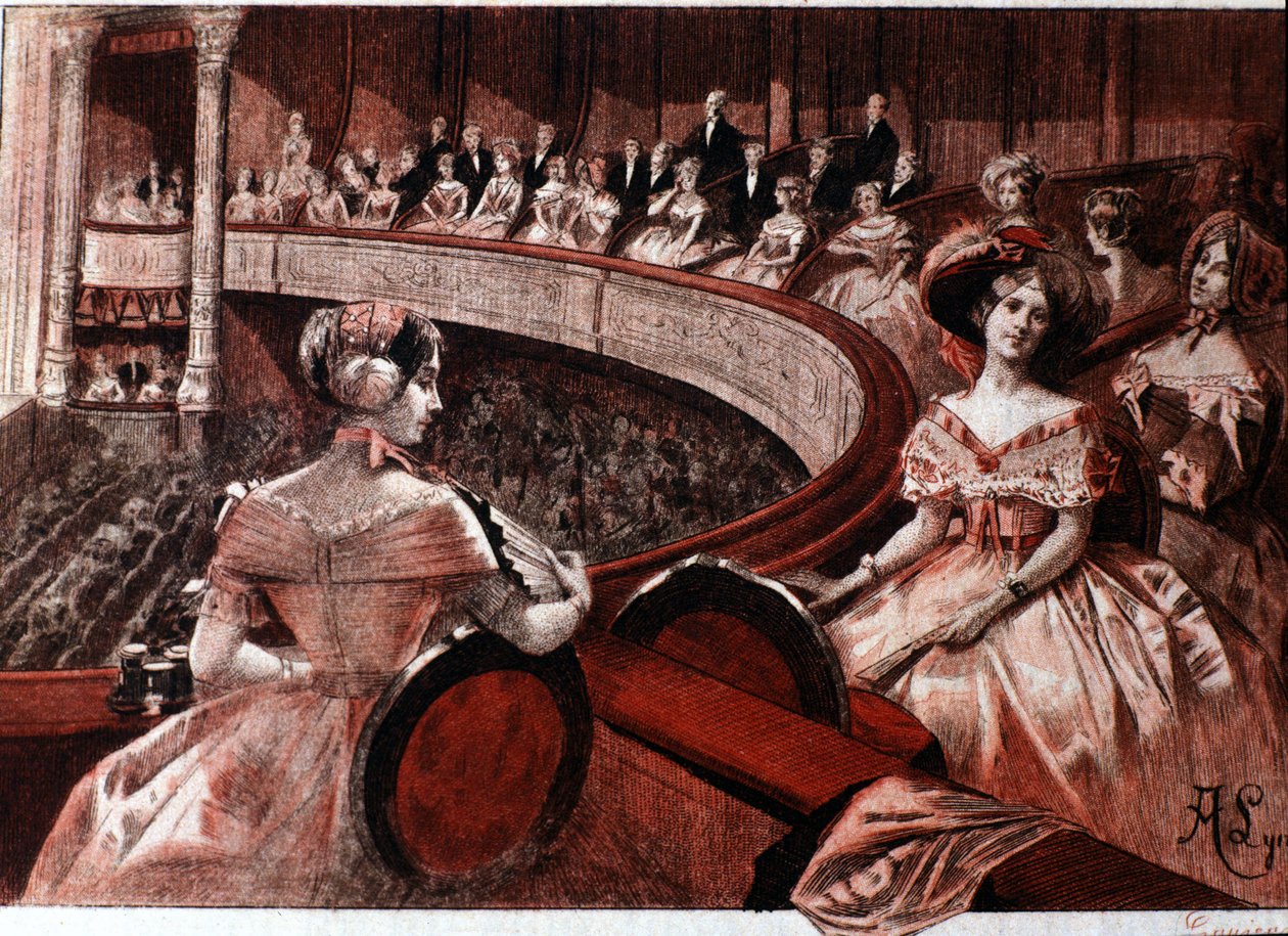 Das Publikum auf einem Balkon im Theater. von Unknown artist