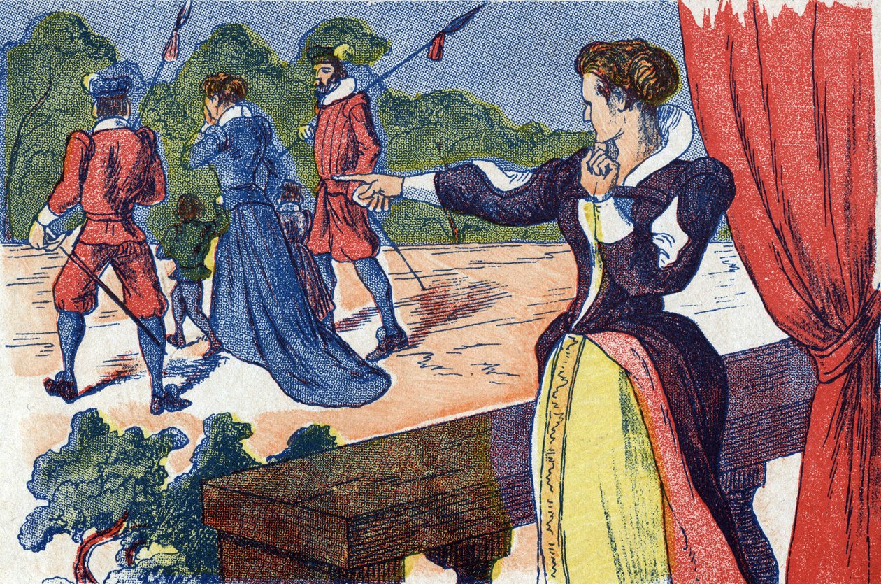 Die Königinmutter lässt die Königin und ihre Kinder einsperren. Anonyme Illustration für „La belle au bois dormant“, Märchen von Charles Perrault (1628-1703), französischer Schriftsteller. Bildmaterial Marcel Vagne, Jarville Nancy, undatiert (spätes 19. Ja von Unknown artist