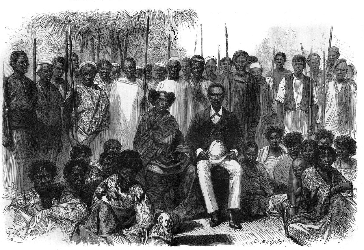 Die Königin der Sakalaven, Anarina und ihr Ehemann, kamen während der Expedition aus Madagaskar unter den Schutz Frankreichs. Gravur in „Le Monde Illustré“ von Unknown artist