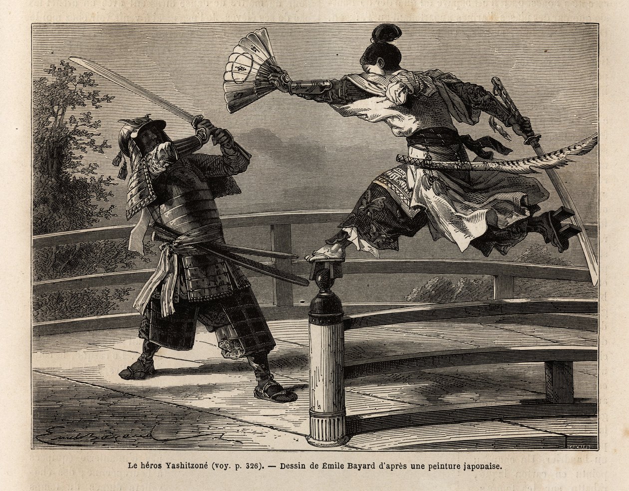 Der Samurai Yashitsune im Gleichgewicht auf der Barriere einer Brücke, greift einen Samurai in Rüstung an. Gravur zur Illustration der Reise nach Japan, 1863-1864, von Aime Humbert, Minister der Schweizerischen Eidgenossenschaft, in „Le tour du monde, nouv von Unknown artist