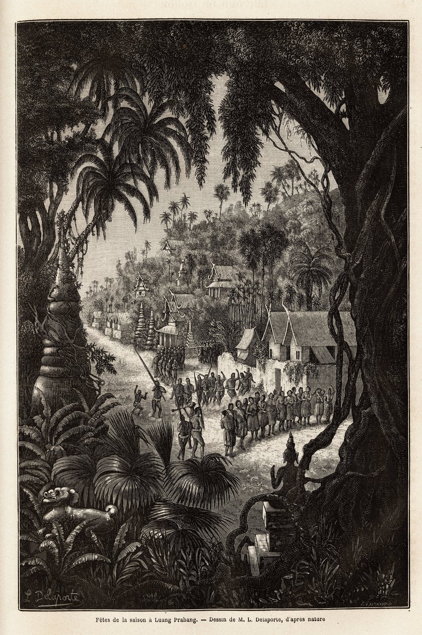 Die Saisonfeiern in Luang Prabang, königliche Hauptstadt von Lan Xang (Königreich der Millionen Elefanten) (heutiges Laos), bestehend aus einer Prozession der Einwohner und einer Pagode der Anbetung durch die ganze Stadt. Gravur zur Illustration einer Entd von Unknown artist