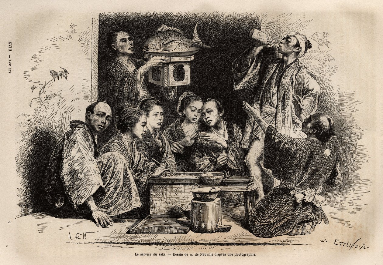 Der Sake-Dienst ist das Zeremoniellste bei Banketten, Sake wird in großen lackierten Töpfen oder Bronzekannen gebracht, die auf einer Bambusleiste platziert und in Porzellanflaschen erhitzt werden. von Unknown artist