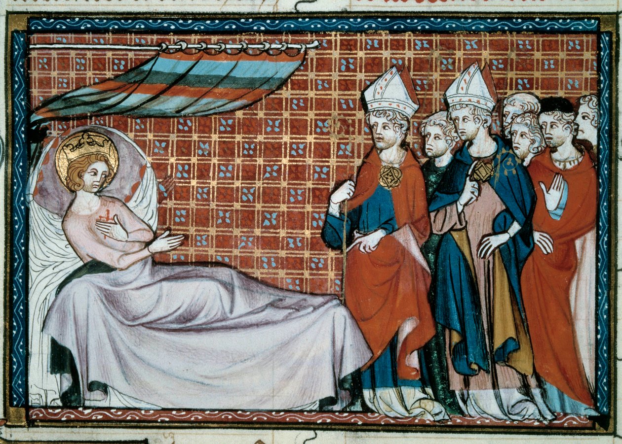 Der kranke König von Frankreich Saint Louis (Louis IX) (1214-1270) spricht zu seinen Verwandten und dem Klerus. Miniatur aus einem Manuskript „Leben und Wunder des heiligen Louis“ von Wilhelm von Saint Pathus von Unknown artist