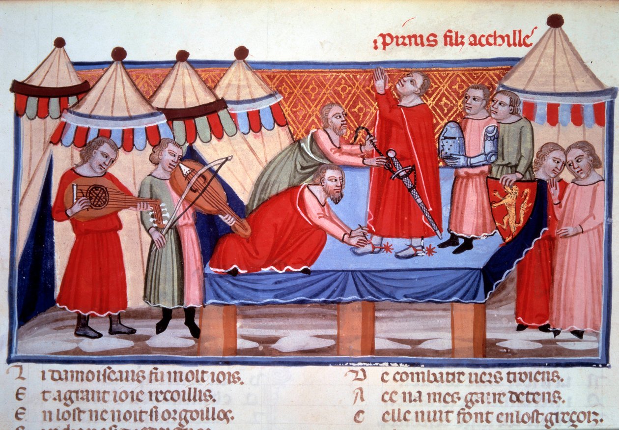 Die Besänftigung des Pyrrhus, Sohn des Achilles. Miniatur aus „Le roman de Troie“ von Benoit de Sainte-Maure (spätes 12. Jahrhundert), normannischer Dichter, um 1160-1170 für Alienor d