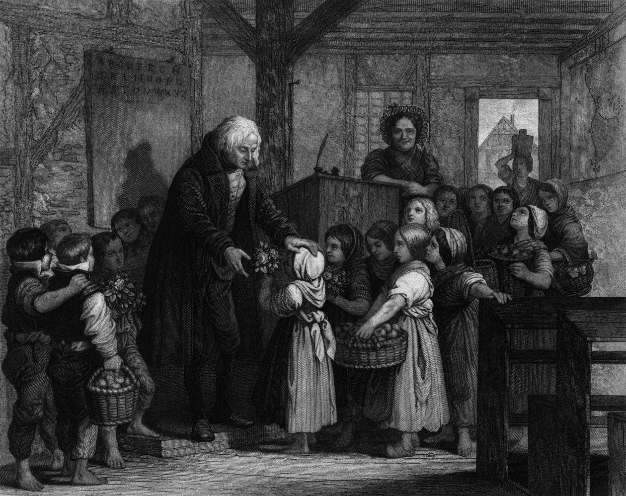 Die Schüler einer Klasse versammeln sich, um ihrem Lehrer an seinem Geburtstag Blumen zu überreichen. Gravur des 19. Jahrhunderts von Unknown artist
