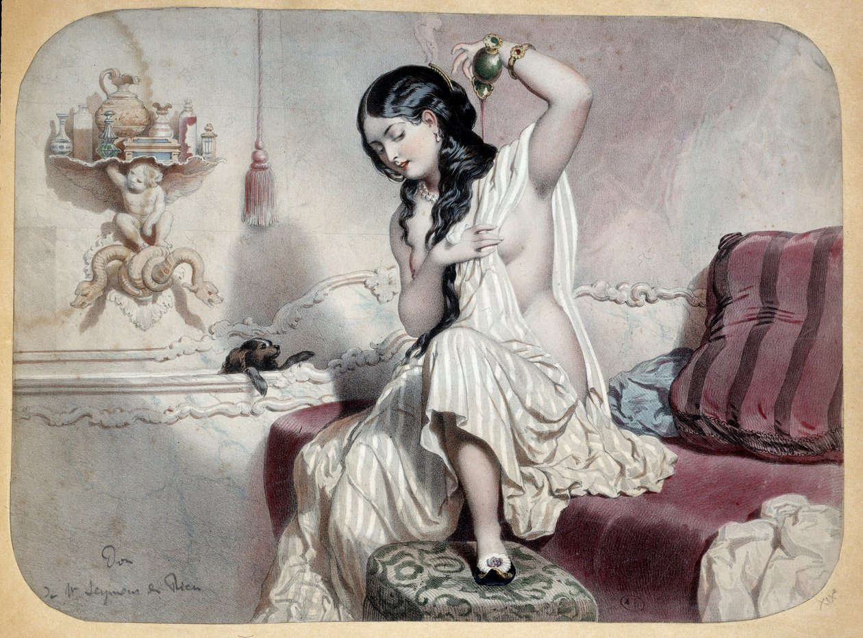 Die Toilette. Eine Frau im Badezimmer nahe ihrer Badewanne. Illustration des 19. Jahrhunderts. Paris, Decorative Arts von Unknown artist