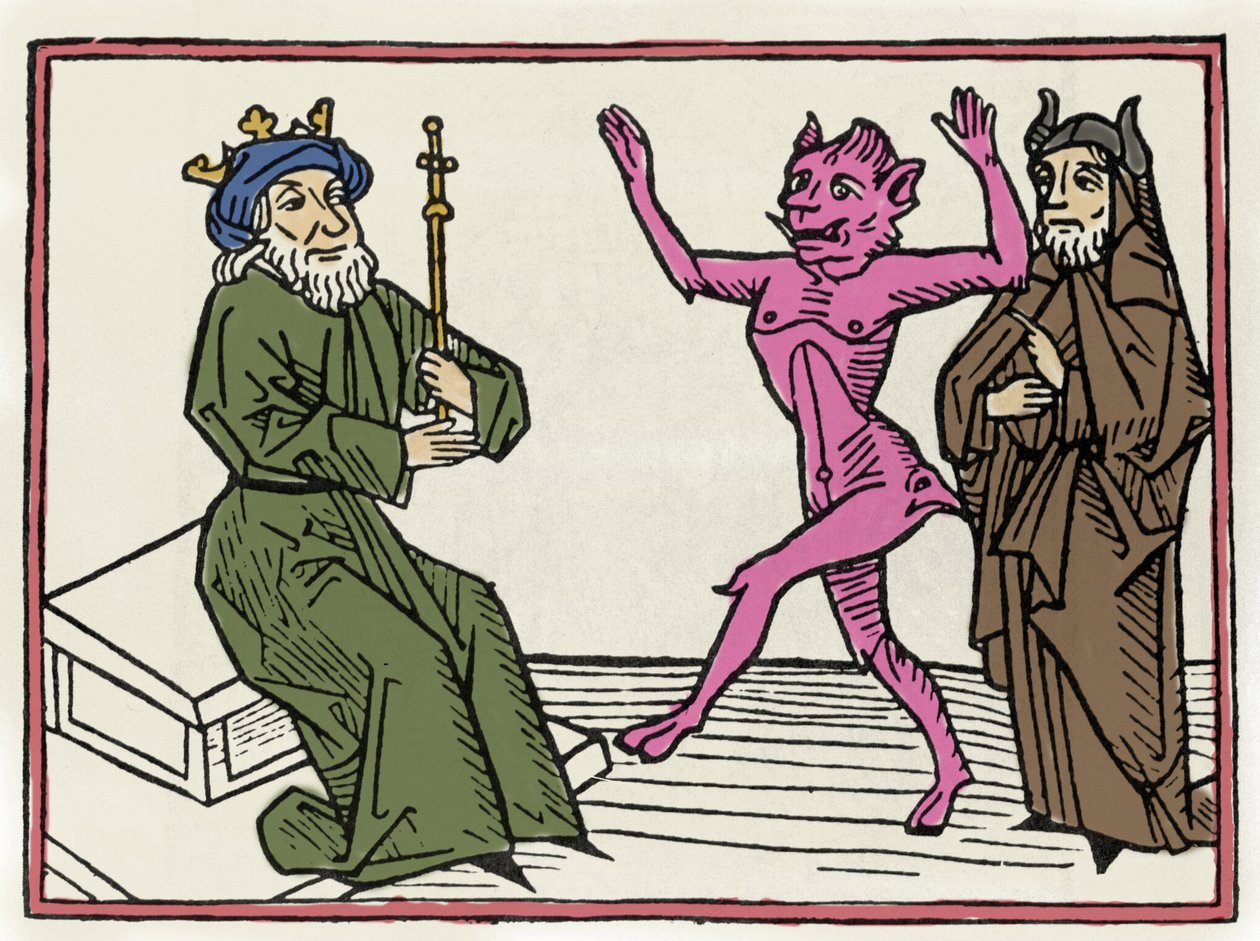 Der Prozess von Belial: „Der Dämon Belial tanzt vor Richter Salomon“ Gravur aus „Der Prozess von Belial“ von Jacobus de Teramo (oder Palladino), Augsburg von Unknown artist