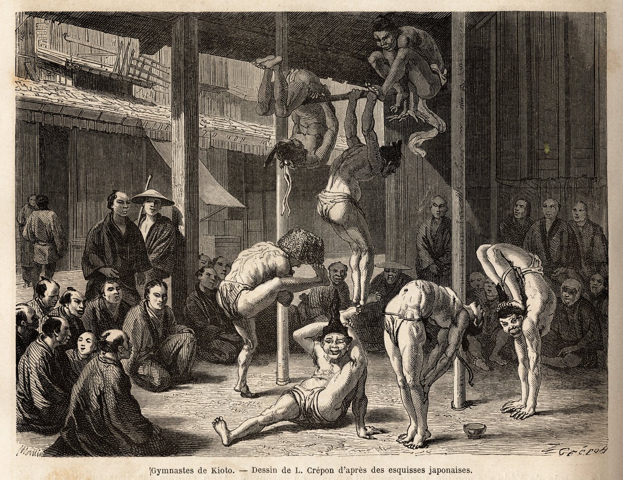 Die Truppe der Saltimbanques, die Turner von Tokio, sie treten unter einem großen Schuppen auf oder sind mit Bambusmatten ausgestattet, alle sind erfahren in diesen körperlichen Übungen, aber auch in der Praxis der Komödie. Illustration der Reise nach Jap von Unknown artist