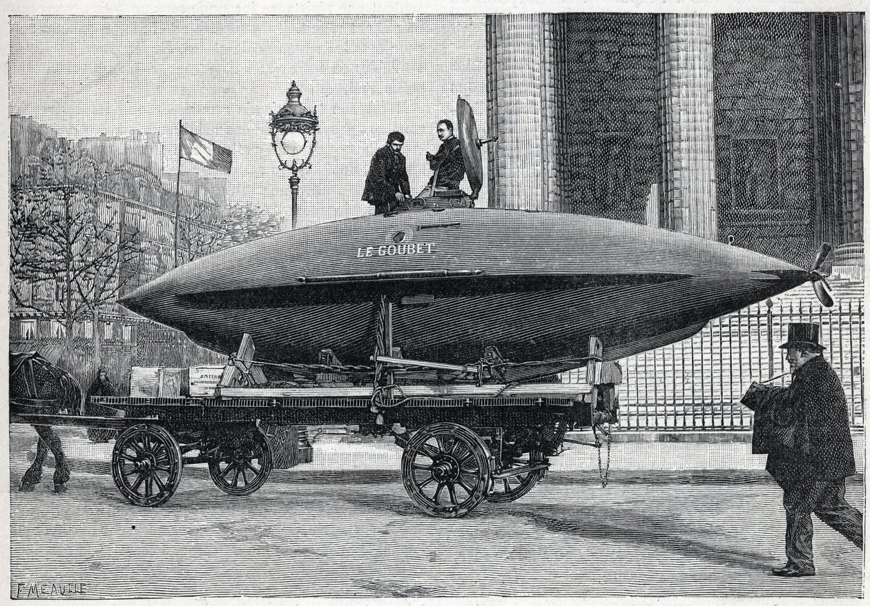 Das Unterseeboot „Le Goubet“, transportiert für Experimente, passiert den Place de la Madeleine in Paris. Gravur in „La Nature“ von Unknown artist