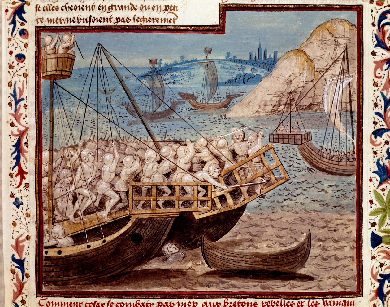 Der Gallische Krieg: „Die Landung der Truppen von Julius Caesar und der Sieg über die Briten“ Miniatur aus „Die Taten der Römer“ (oder Li Fet der Römer), zusammengefasst von Sallust und Sueton und Lucan von Unknown artist