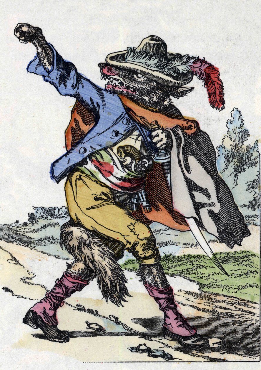 Der Wolf. Illustration des Märchens „Compère le Loup, Maître Renard, Comère la Chèvre und ihre kleinen Zicklein“ nach einer Fabel von Jean de La Fontaine. In „Märchen aus dem Heim für die Kleinen“. Anonyme Gravur aus dem 19. Jahrhundert von Unknown artist