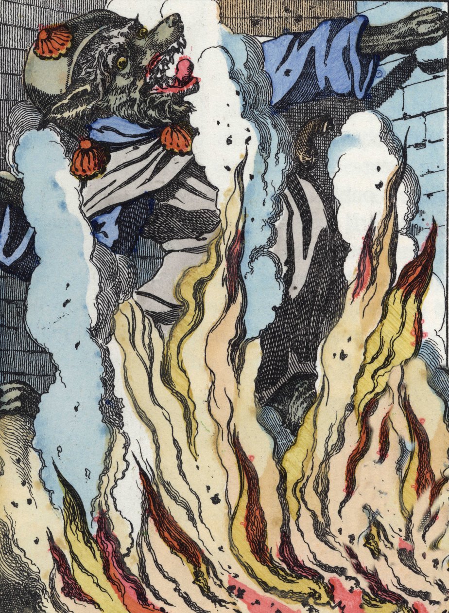 Der Wolf fällt ins Kaminfeuer. Illustration des Märchens „Compere le Loup, Maitre Renard, Comere la Chevre et ses petits biquets“ nach einer Fabel von Jean de La Fontaine. In „Märchen aus dem Heim für die Kleinen“. Anonyme Gravur des 19. Jahrhunderts von Unknown artist