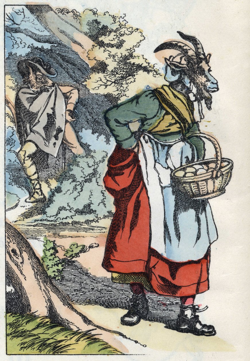 Der Wolf sucht die Ziege, die ihr Zuhause verlässt. Illustration des Märchens „Compere le Loup, Maitre Renard, Comere la Chevre et ses petits biquets“ nach einer Fabel von Jean de La Fontaine. In „Märchen aus dem Heim für die Kleinen“. Anonyme Gravur des 1 von Unknown artist