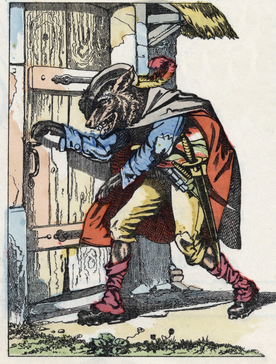 Der Wolf klopft an die Tür des Zicklein-Hauses. Illustration des Märchens „Compere le Loup, Maitre Renard, Comere la Chevre et ses petits biquets“ nach einer Fabel von Jean de La Fontaine. In „Märchen aus dem Heim für die Kleinen“. Anonyme Gravur des 19. J von Unknown artist