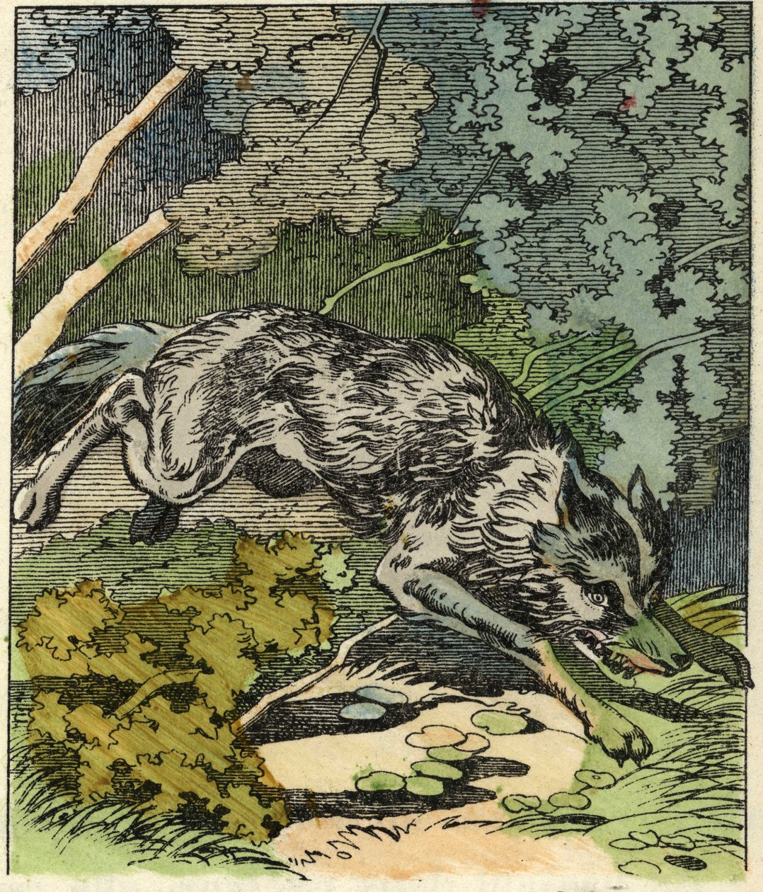 Der Wolf rennt zum Haus der Großmutter. Illustration des Märchens „Rotkäppchen“ von Charles Perrault von Unknown artist