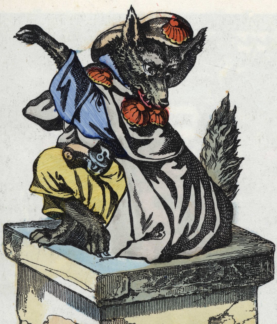 Der Wolf sitzt auf dem Kamin. Illustration des Märchens „Compere le Loup, Maitre Renard, Comere la Chevre et ses petits biquets“ nach einer Fabel von Jean de la Fontaine. In „Märchen aus dem Heim für die Kleinen“. Anonyme Gravur des 19. Jahrhunderts. von Unknown artist