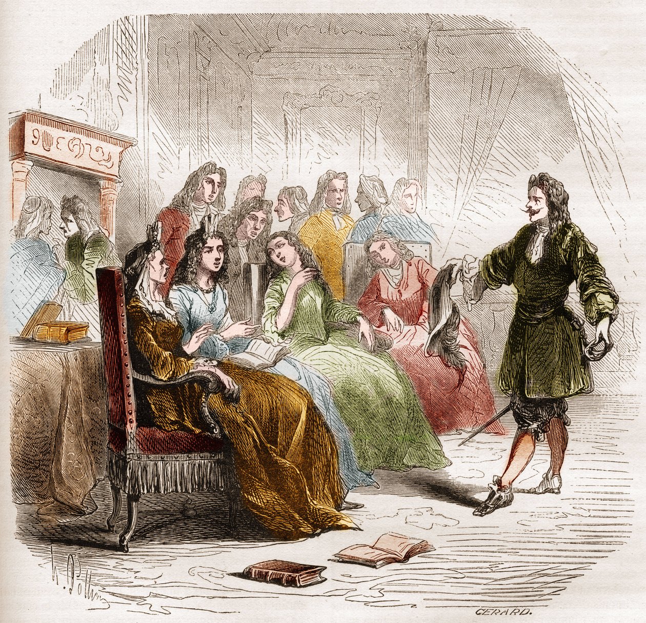 Der Schriftsteller Georges de Scudéry (1598-1667) während eines literarischen Salons, organisiert von seiner Schwester Madeleine de Scudéry, im Jahr 1650. Gravur aus 1860-1861 von Unknown artist