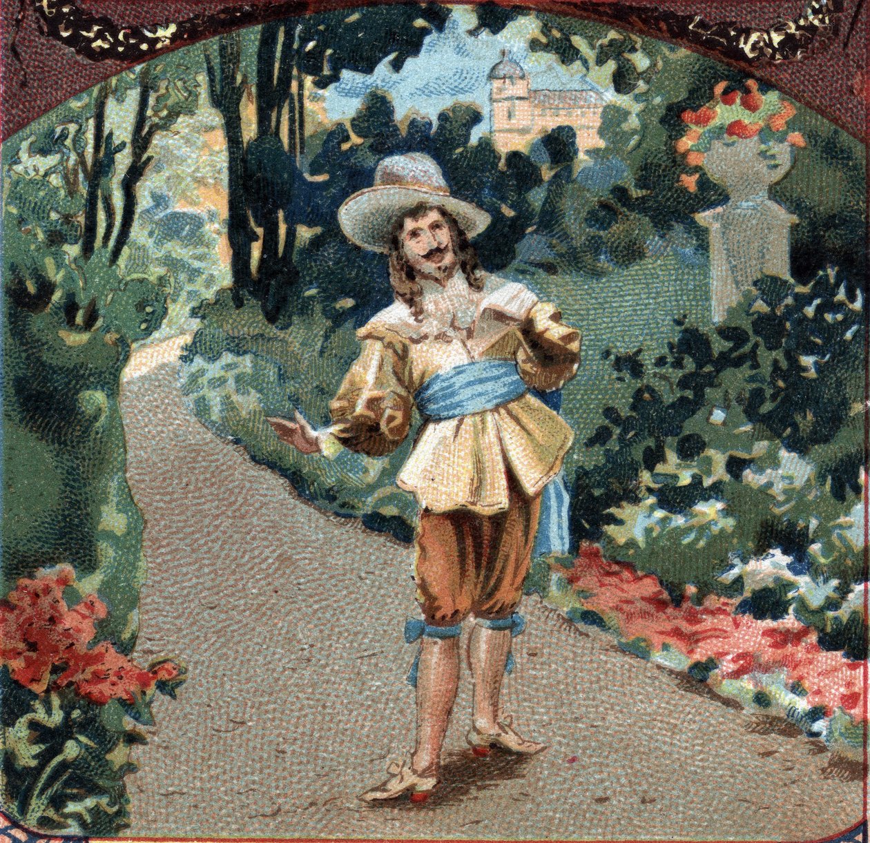Théophile de Viau (1590-1626), französischer Dichter und Dramatiker, komponiert das Gedicht „La maison de Sylvie“ im Château de Chantilly. Chromolithographie aus dem späten 19. Jahrhundert. von Unknown artist