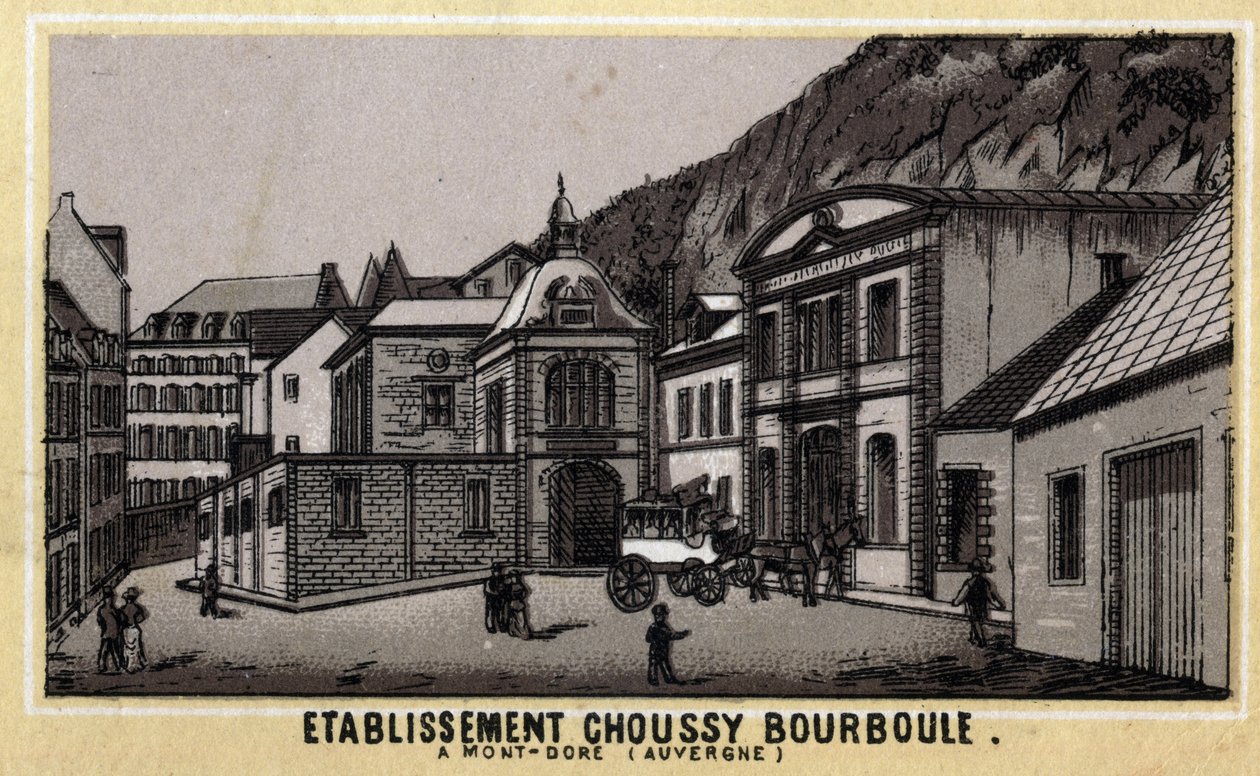 Thermalanlagen von Choussy in Bourboule im Monts Dore-Massiv, im Departement Puy-de-Dome in der Auvergne. Chromolithographie aus dem späten 19. Jahrhundert von Unknown artist