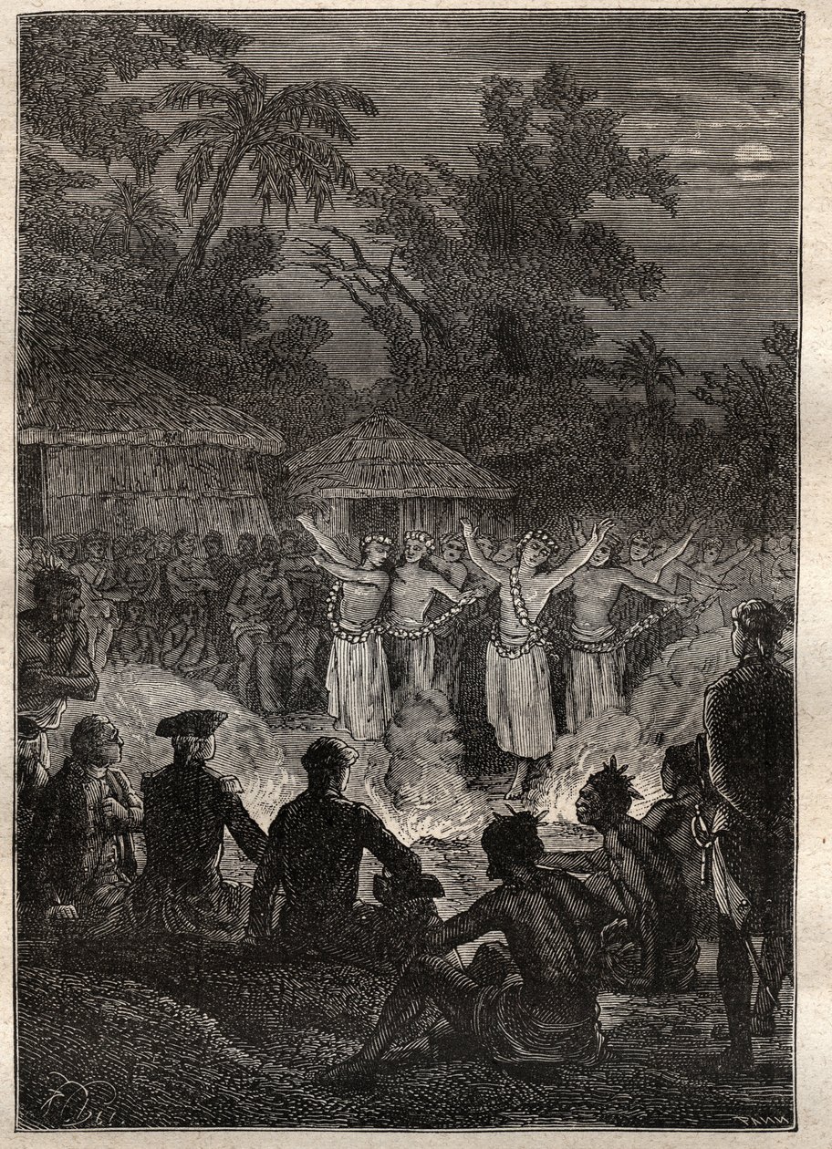 Dritte Reise (1776-1779) von Kapitän James Cook (1728-1779): ein Fest auf den Freundschaftsinseln (Königreich Tonga, Polynesien) - Illustration aus „Die großen Seefahrer des 18. Jahrhunderts“ von Unknown artist