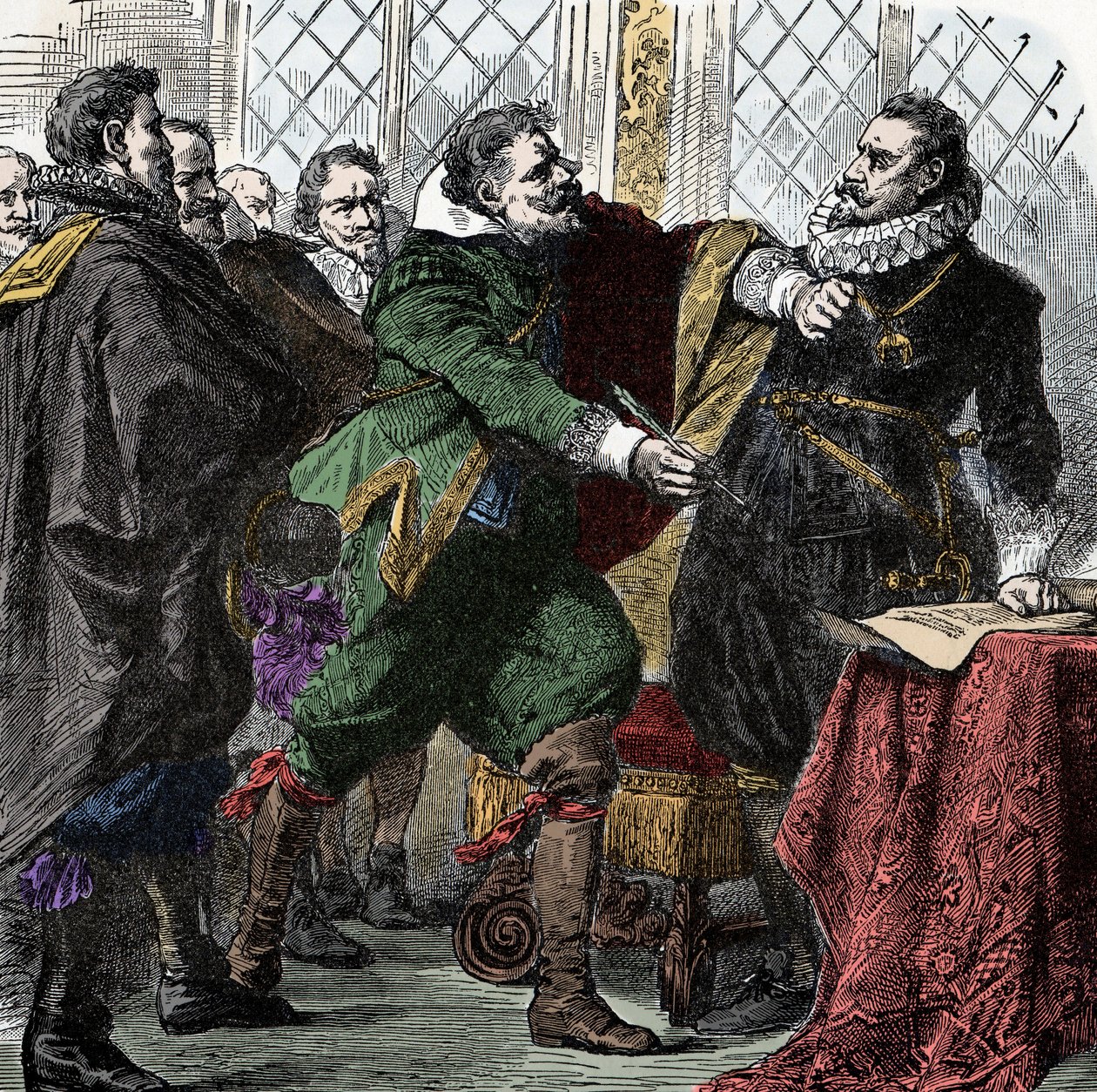 Dreißigjähriger Krieg: Unterschreib es, Nandel! - Dreißigjähriger Krieg (1618-1648): Graf Paul Jakob von Starhemberg (1560-1635) bittet Kaiser Ferdinand II. (1578-1637), ein Abkommen zur Wiederherstellung des Friedens in Böhmen zu unterzeichnen von Unknown artist