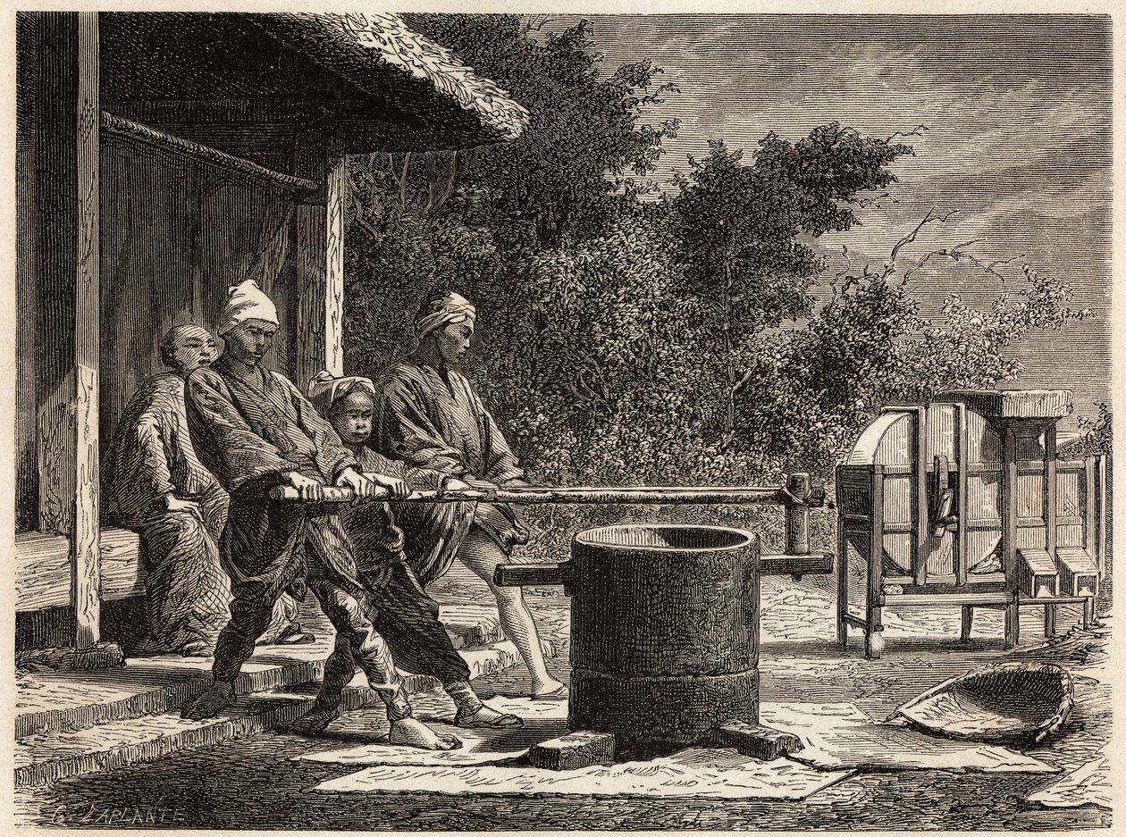 Drei Bauern betreiben die Reismühle. Gravur zur Illustration der Reise nach Japan in den Jahren 1863-1864, von Aime Humbert, Minister der Schweizerischen Eidgenossenschaft, in „Le tour du monde, nouveau journal des voyages“, veröffentlicht unter der Leitun von Unknown artist