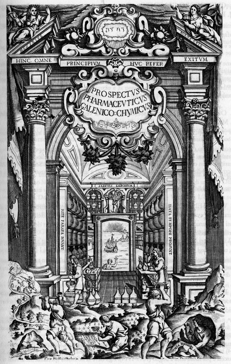 Titelseite von „PROSPECTUS PHARMUTICI SUB QUO ANTIDOTARIUM MEDIOLANENSE GALENO-CHIMICUM EXCELLENTIMI SENATUS IUSSU MEDIOLANI, EX TYPOGRAPHIA CAROLI QUINTI von Unknown artist
