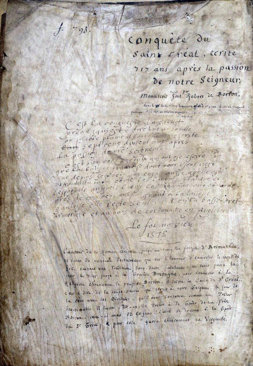 Titelblatt eines Manuskripts: Eroberung des Heiligen Grals, geschrieben 717 Jahre nach der Passion unseres Herrn. Bibliothèque municipale de Rennes, ms. 255 (Sammlung von Romanen der Tafelrunde) von Unknown artist