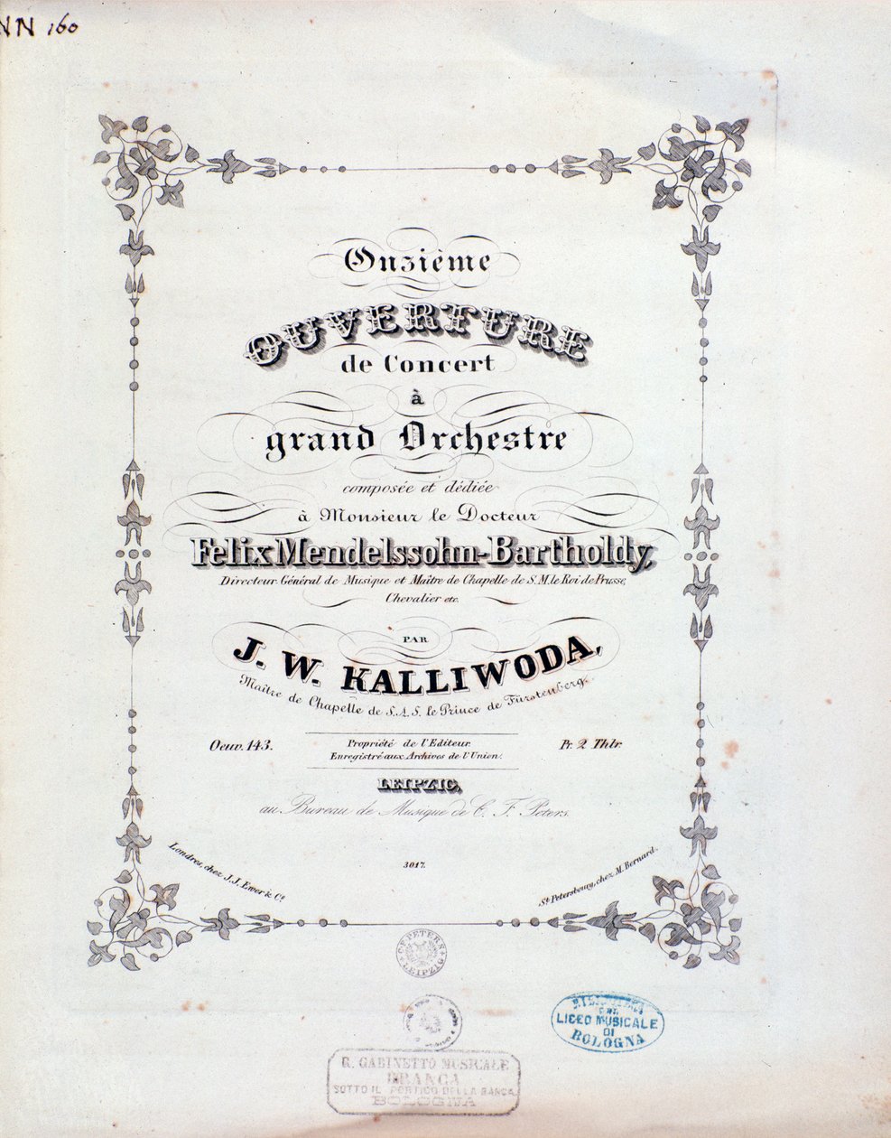 Titelseite der Partitur der Ouvertüre Nr. 11 von Kalliwoda von Unknown artist