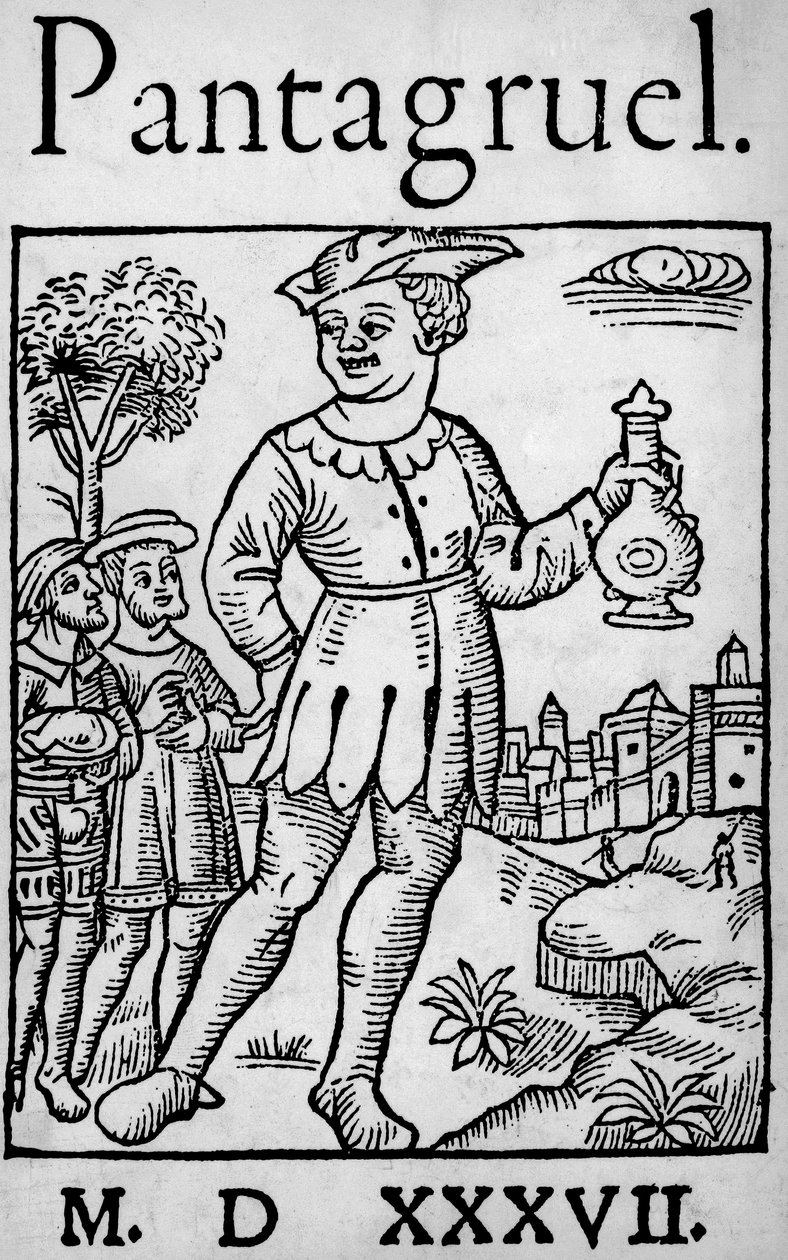 Titelseite der Ausgabe von 1537 von Pantagruel, von Francois Rabelais - Der Riese Pantagruel und zwei seiner Apostel, aus 