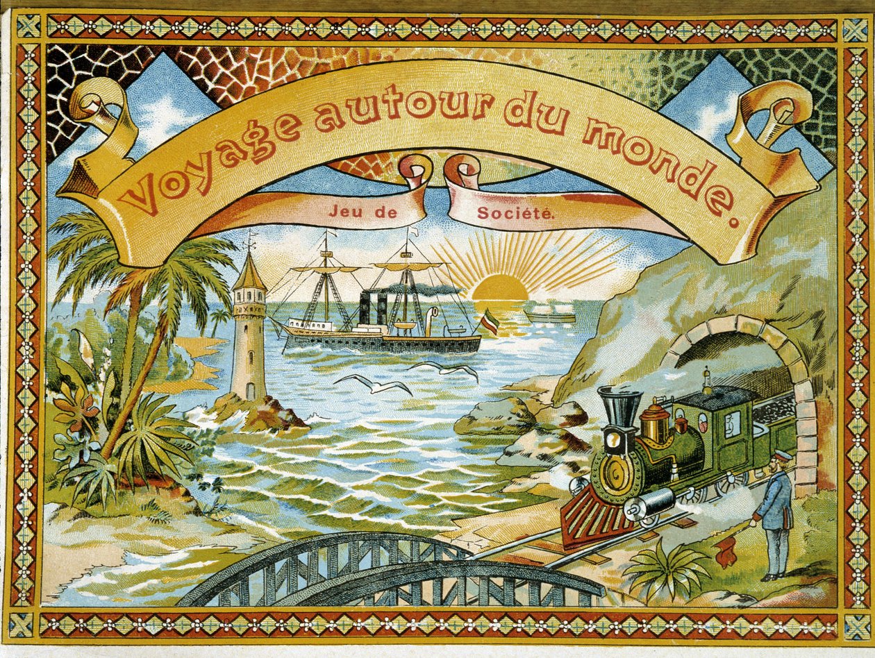 Zug, Leuchtturm und Boot, Titelbild Spiel Reise um die Welt, 19. Jahrhundert von Unknown artist