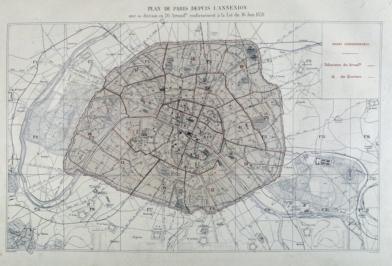 Transformationen von Paris unter dem Zweiten Kaiserreich, Haussmann Paris. Plan von Paris seit der Annexion mit seiner Einteilung in 20 Arrondissements, gemäß dem Gesetz vom 16. Juni 1859 - in „Atlas administratifs des arrondissements de la Ville de Paris“ von Unknown artist
