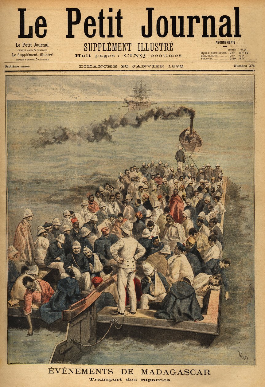 Transport von verletzten Rückkehrern aus Madagaskar. Gravur in „Le petit journal“ 26/01/1896. Selva Sammlung. von Unknown artist