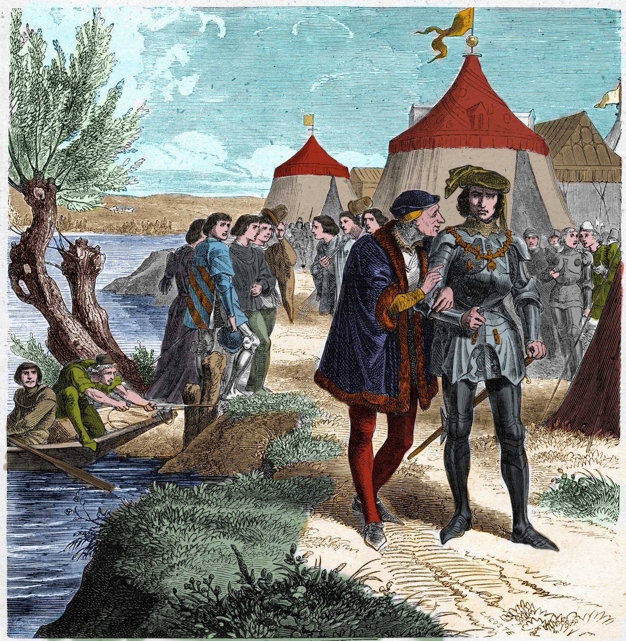 Vertrag von Conflans am 5.10.1465 zwischen dem König von Frankreich Ludwig XI. und Karl von Charolais (später Karl der Kühne), der den Aufstand der Adligen oder die Liga des Gemeinwohls beendete. Stich in „Histoire De France En Cent Tableaux“ von Paul Lehu von Unknown artist