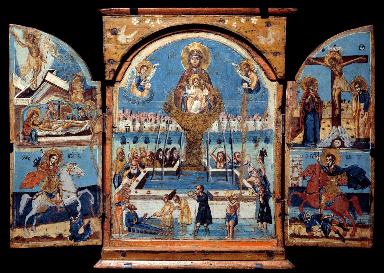 Triptychon der Jungfrau, Quelle des Lebens. Mitteltafel: Die Jungfrau überquert einen wundersamen Wasserbrunnen. Links die Auferstehung und die Kreuzabnahme. Unten ein Ritter (St. Georg), der einen Drachen niederschlägt. Rechts die Kreuzigung und ein Ritte von Unknown artist