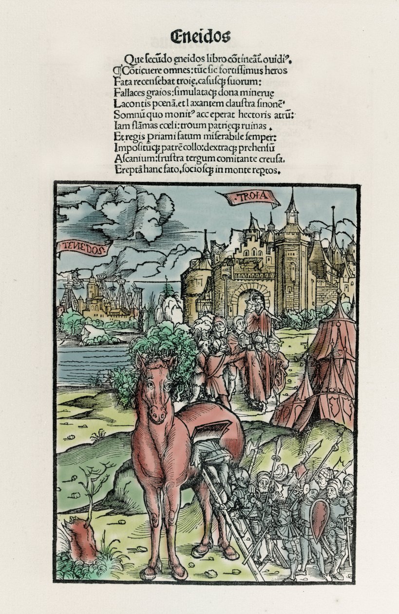 Troja: Griechische Krieger verlassen das Pferd, nachdem es die Stadtmauern überquert hat. Eneide. Holzschnitt von Sebastian Brant. Straßburg von Unknown artist