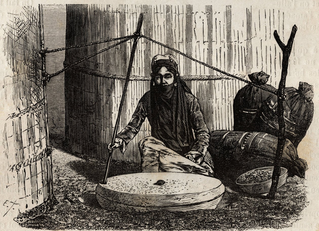 Turkmenische Frau benutzt das Getreidemahlrad, aktiviert ein raffiniertes Kurbel-System. Gravur zur Illustration der Reise nach Japan 1863-1864 von Aime Humbert, Minister der Schweizerischen Eidgenossenschaft von Unknown artist