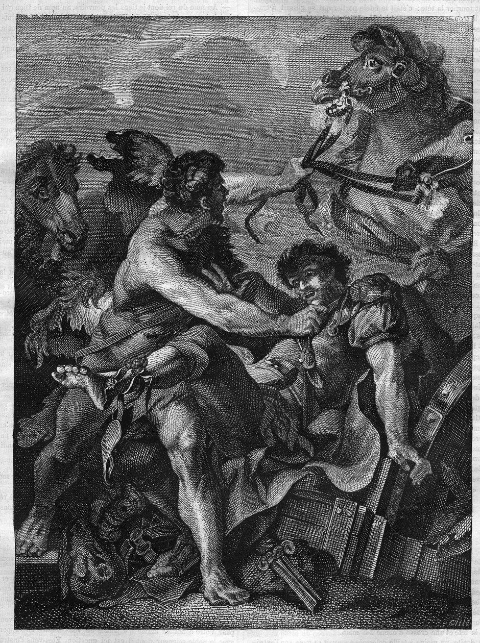 Zwölf Arbeiten des Herkules: Diomedes wird von Herkules getötet und von seinen eigenen Pferden gefressen. Gravur nach dem Gemälde von Jean-Baptiste-Marie Pierre (1714-1789) von Unknown artist
