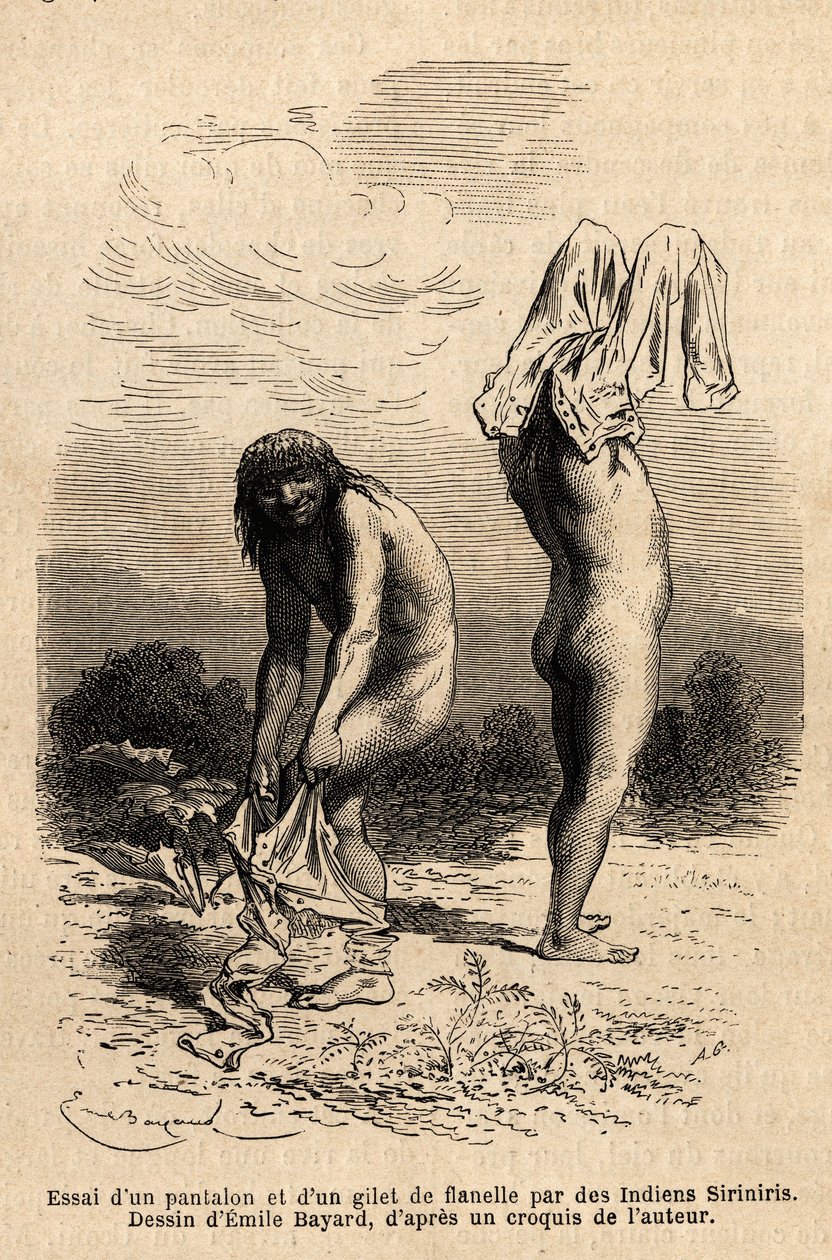Zwei Siriniris-Indianer versuchen, Hosen und Westen anzuziehen, die ein Mitglied der Expedition am Ufer der Seen am Fuße des Mount Basiri (Peru) zum Trocknen aufgehängt hatte. Gravur zur Illustration der Reise in die Täler von Quinquinas (Peru), von Paul M von Unknown artist