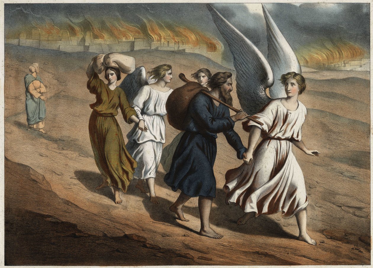 Zwei Engel führen Lot und seine Töchter, die die Stadt Sodom verlassen müssen, die wie Gomorra von Gott zerstört wird. Lots Frau, die trotz des Verbots in die Stadt zurückkehrt, wird zu einer Salzsäule versteinert. Anonyme Gravur aus der Mitte des 19. Jahr von Unknown artist
