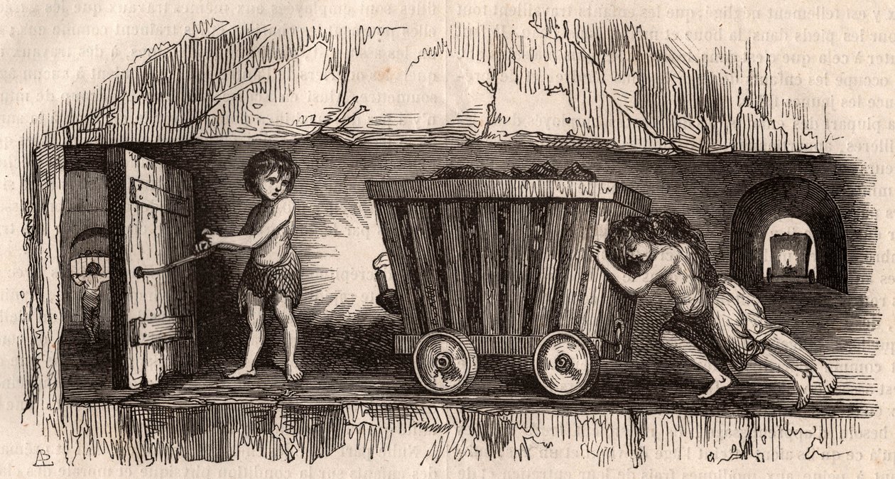 Zwei Kinder schieben einen Wagen in einer englischen Kohlenmine, ein drittes, der Trapper, öffnet eine Tür von Unknown