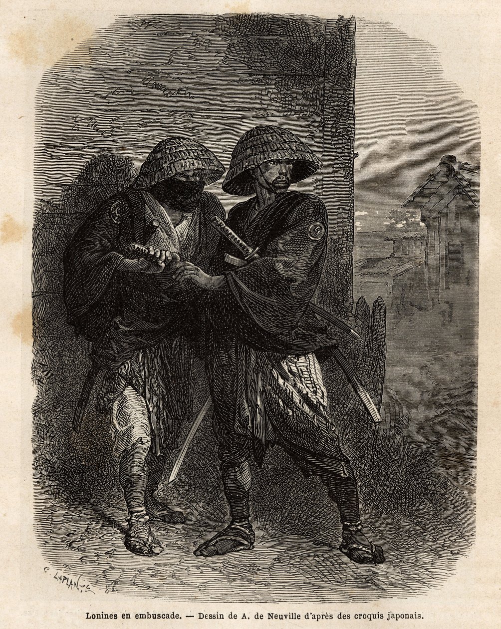 Zwei Ronins (Samurai, die ihren Meister verloren haben) stehen im Hinterhalt. Gravur zur Illustration der Reise nach Japan in den Jahren 1863-1864 von Aime Humbert, Minister der Schweizerischen Eidgenossenschaft, in „Le tour du monde, nouveau journal des v von Unknown artist