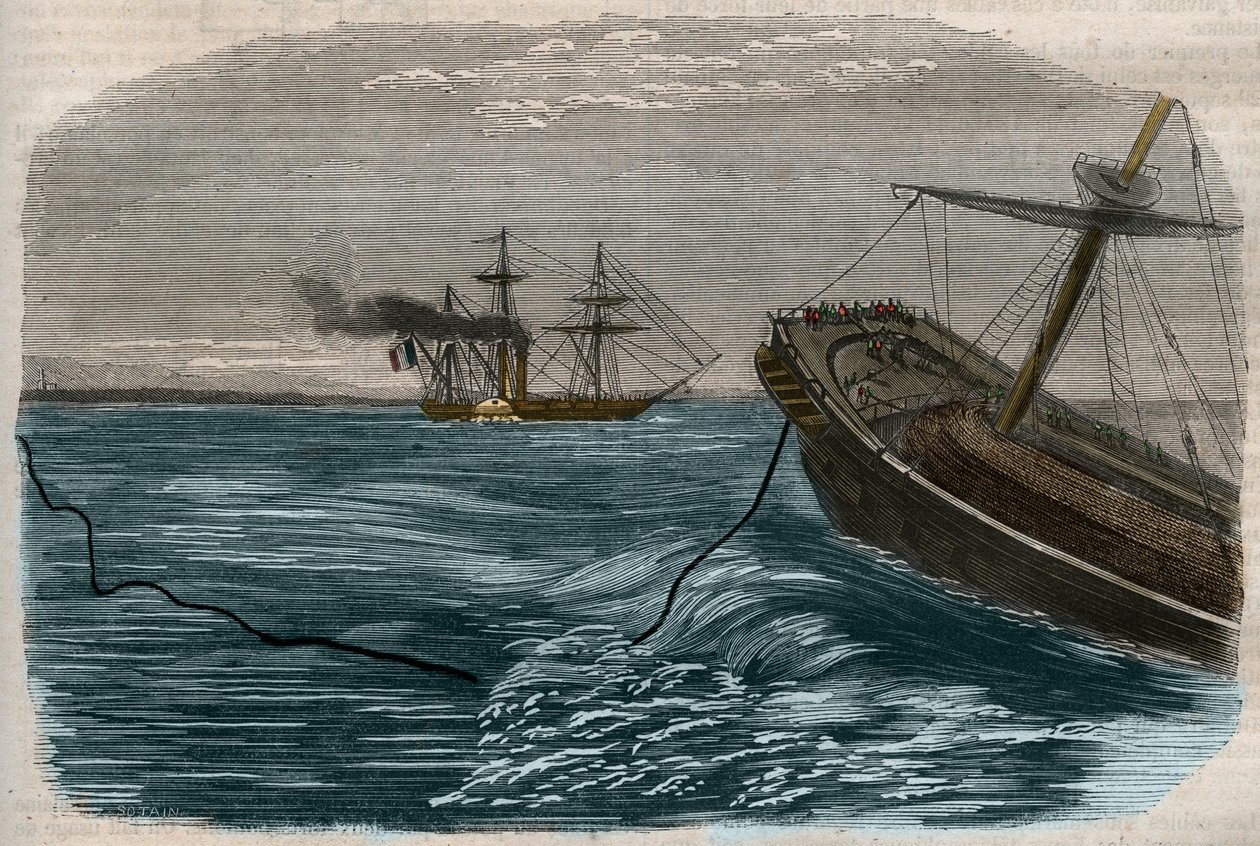 Unterwasser-Telegraphenleitungen: Das Verlegen eines Unterseekabels - Gravur von 1857 von Unknown artist