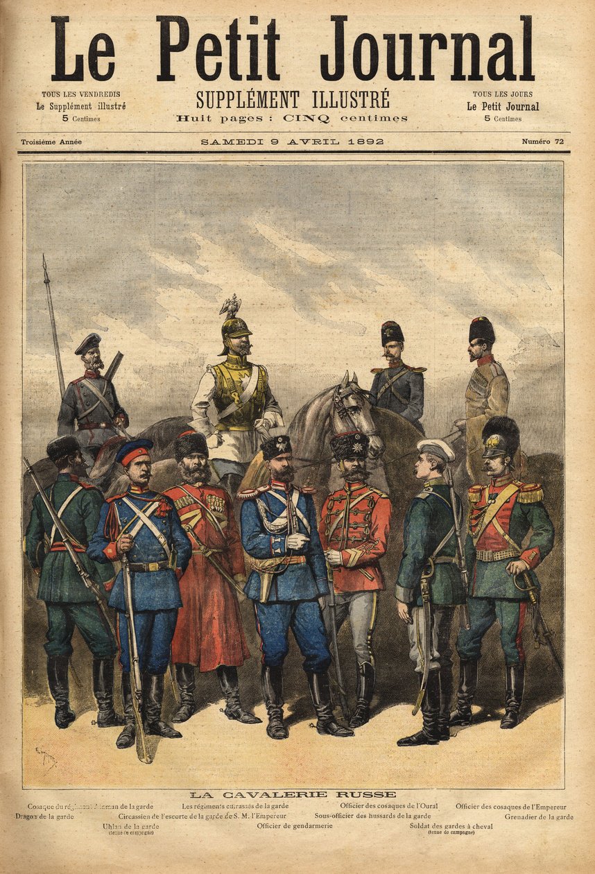 Uniformen der russischen Kavallerie, Verbündete Frankreichs, zu Pferd von links nach rechts: Kosake des Garderegiments, das Schlachtschiffregiment der Garde, Offizier der Ural-Kosaken und Offizier der Kaiser-Kosaken. Im Vordergrund stehend, von von Unknown artist