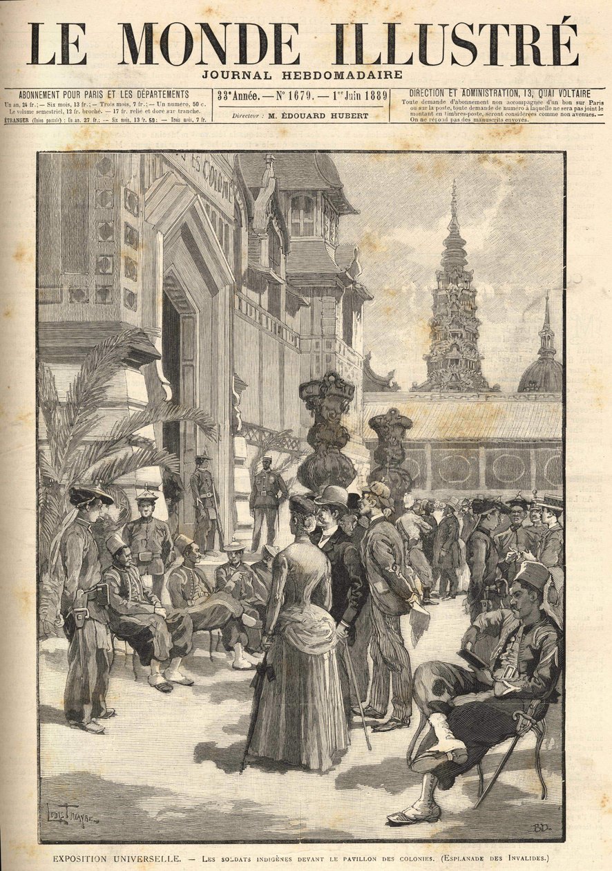 Weltausstellung 1889 - Indigene Soldaten vor dem Kolonialpavillon (Esplanade des Invalides). Titelbild „Le Monde Illustré“ vom 01.06.1889 von Unknown artist