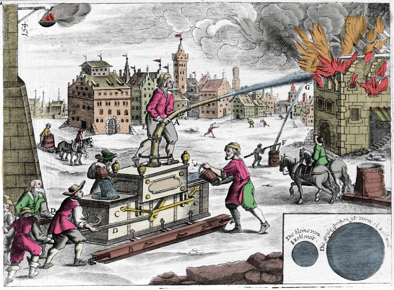 Verwendung einer Feuerspritze durch eine Feuerwehr. Stich aus „Theatrum Machinarum novum“ von Georg Andreas Böckler (1644-1698) von Unknown artist
