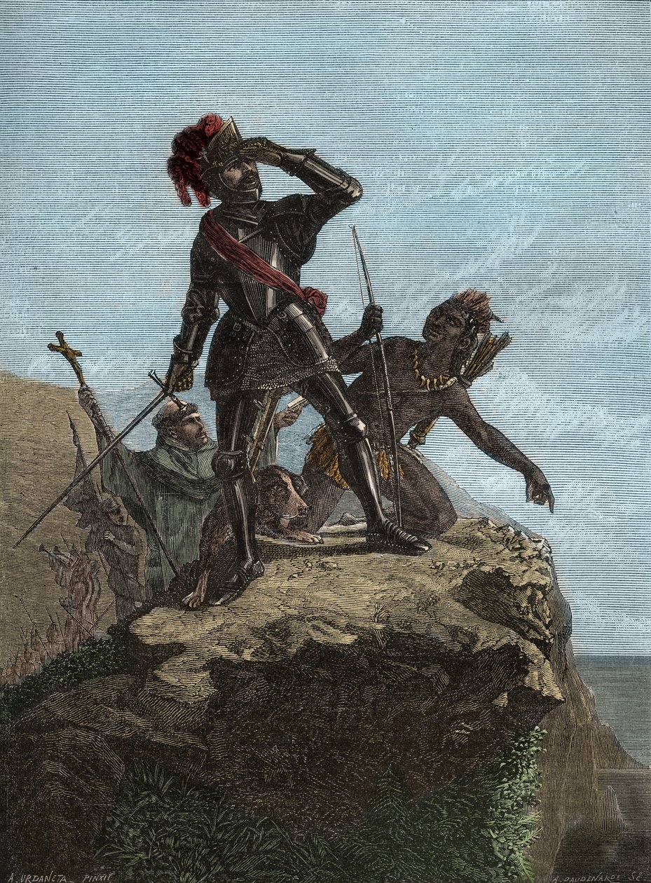VASCO NUNEZ de BALBOA (1475-1519) - Spanischer Entdecker - Balboa entdeckt den Pazifischen Ozean im Jahr 1513 (Stich nach dem Gemälde von Mr. Urdaneta) von Unknown artist